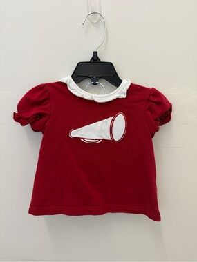 The Yellow Lamb Baby Red Ruffle Sleeve Top with White Megaphone Applique